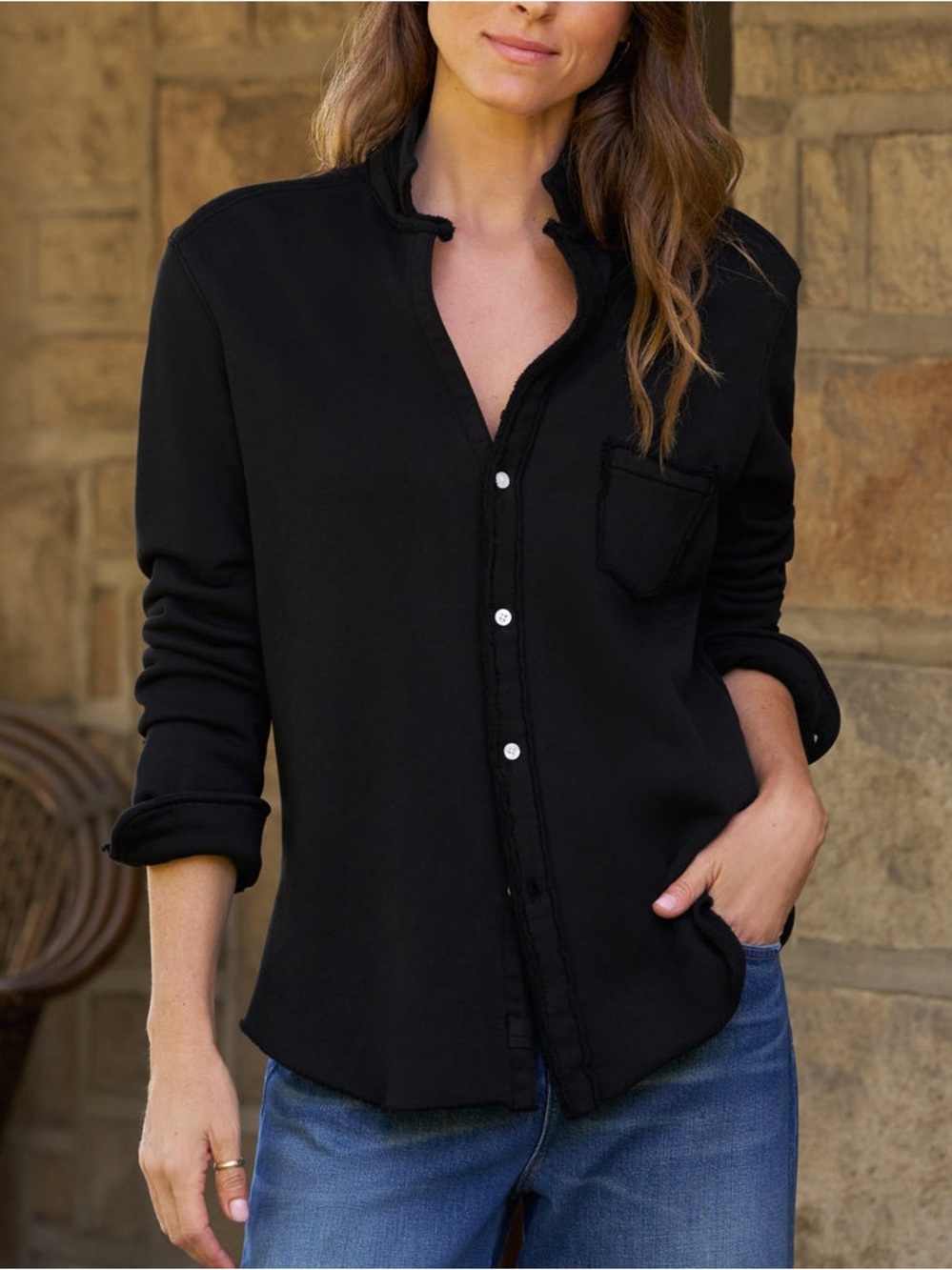 NWOT Frank & Eileen Black Triple Terry Fleece Eileen Sweatshirt Button-Up Sz S